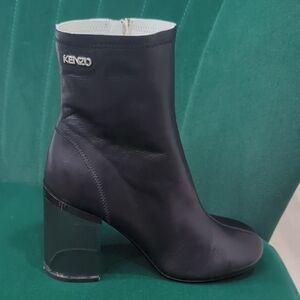 NWT Kenzo Black Leather Ankle Boots with Clear Block Heel SZ 40